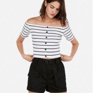 Express Olivia Culpo B&W Striped Off The Shoulder Top